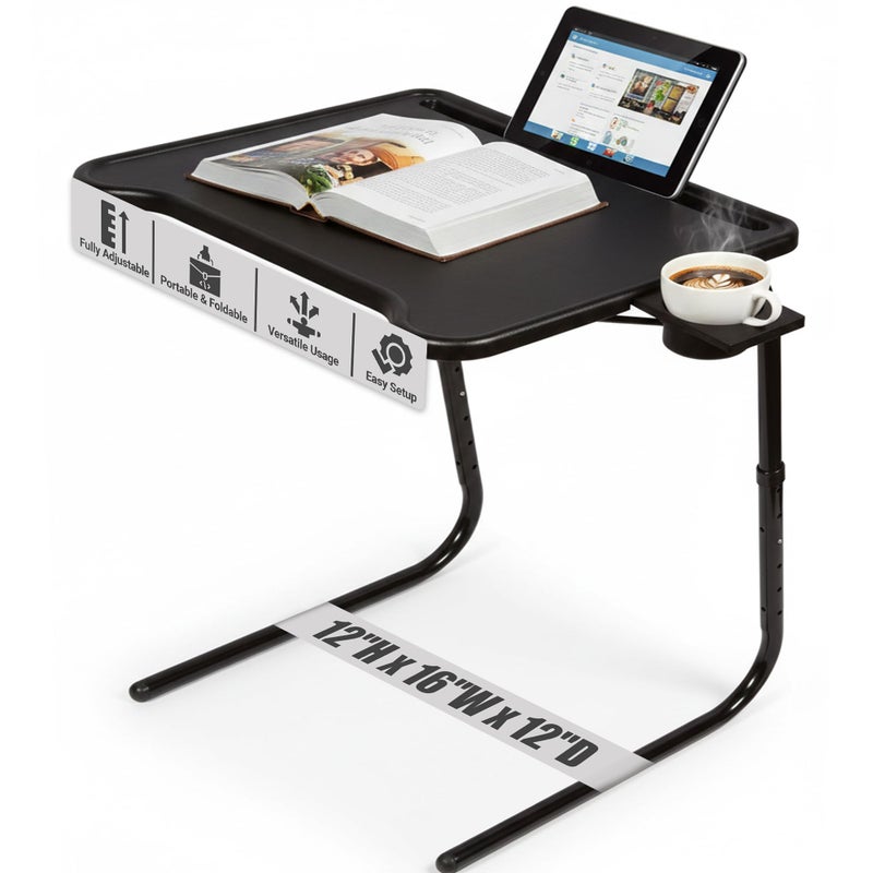 Table-Mate Ultra Folding TV Tray Table and Cup Holder, Adjustable to 6 Heights and 3 Angles with Device Holder (Black)